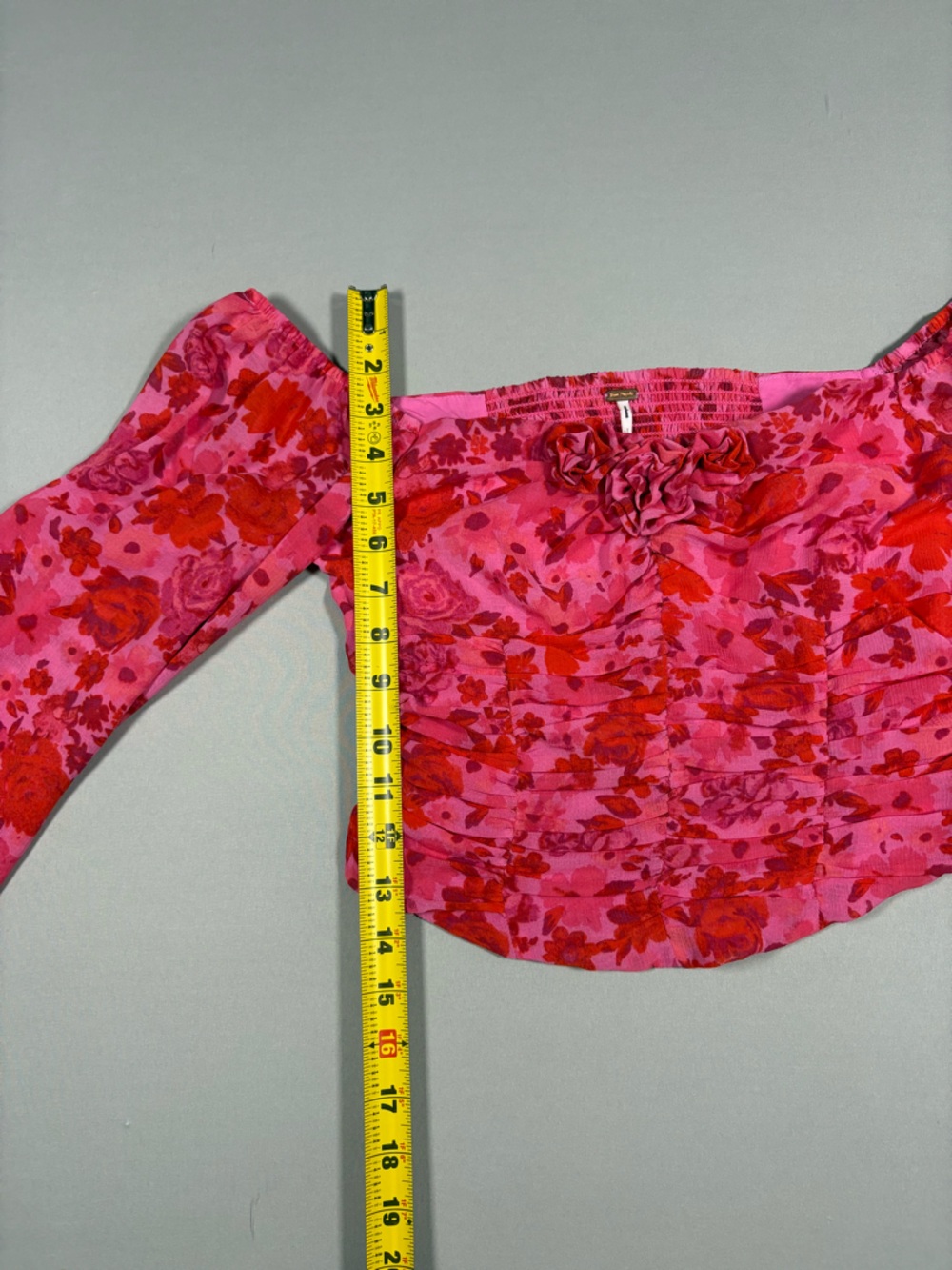 Free People Pink and Red Floral Ruched Long-Sleeve Top Cottagecore Boho Fairy, S - Picture 7 of 8